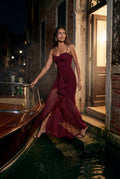 Burgundy Ruched Asymmetric Hem Maxi Dress with Ruffle Trim - Photo 12
