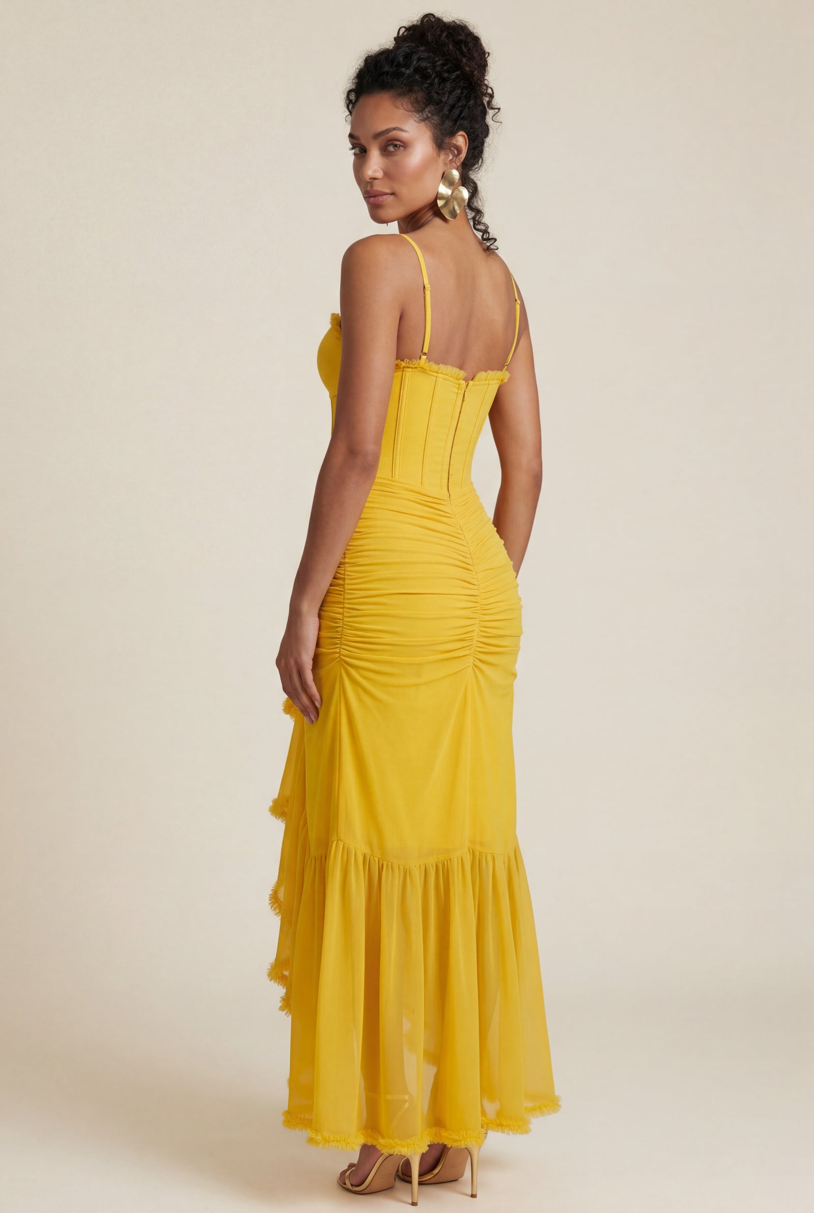Yellow Ruched Asymmetric Hem Maxi Dress with Ruffle Trim - Photo 6