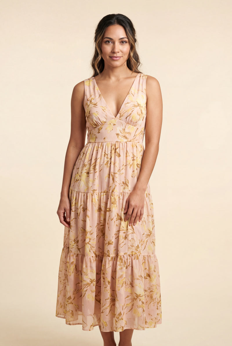 Yellow Tiered Floral Maxi Dress with Deep V-neckline - Photo 3