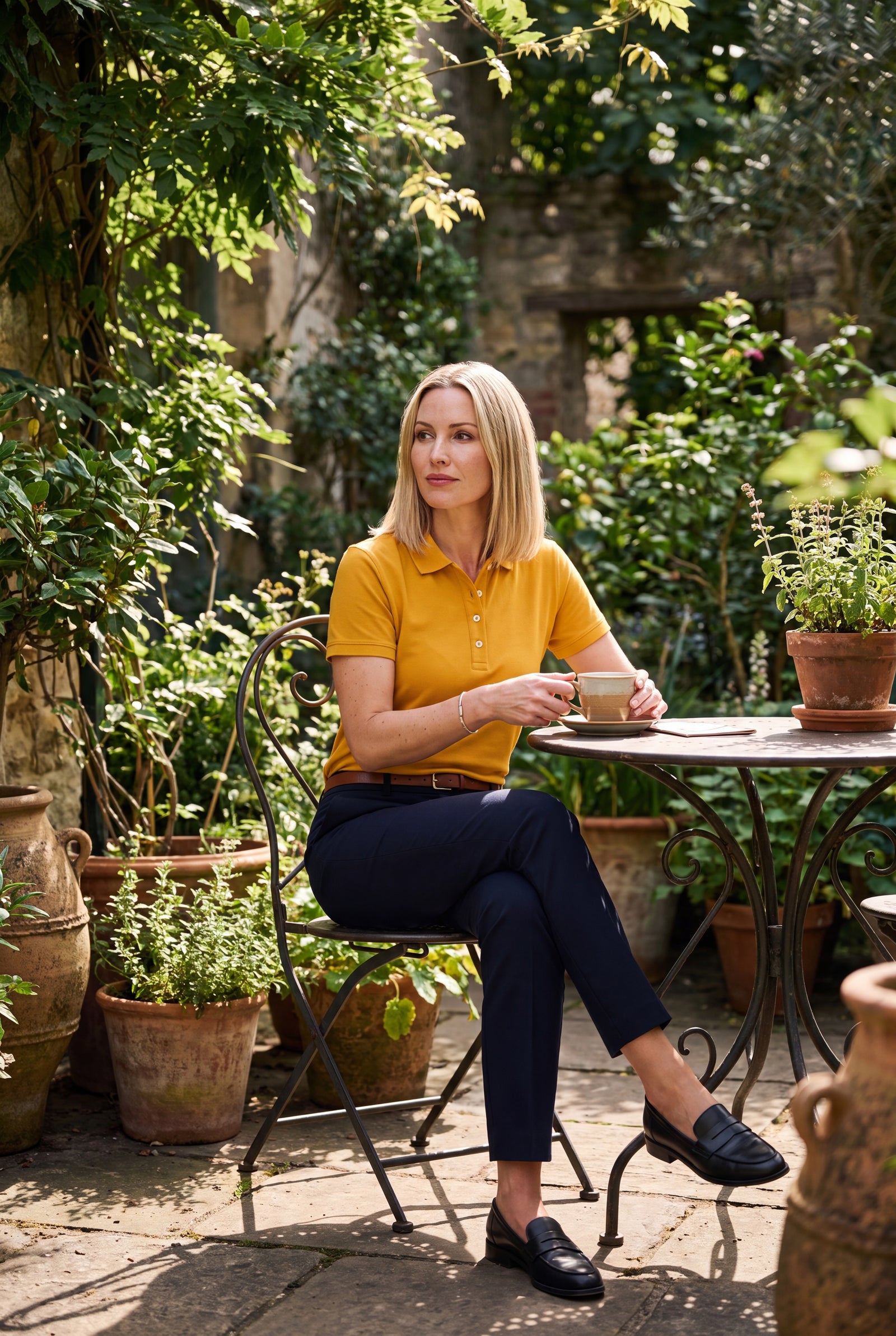 Women's Polo Shirt Elegant Fit in Yellow — lifestyle courtyard garden