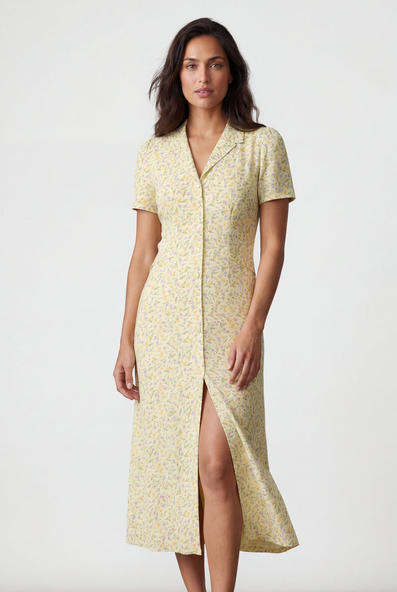 Yellow Yellow Floral Button Front Midi Dress with Notched Collar - Photo 1