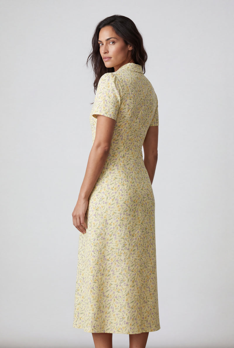 Yellow Yellow Floral Button Front Midi Dress with Notched Collar - Photo 2